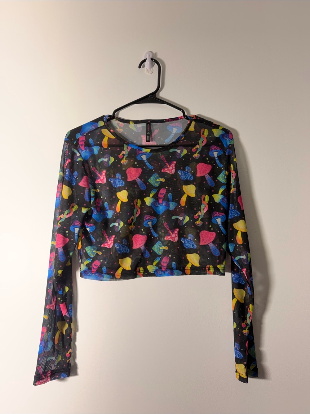 Black Sheer Long-Sleeve Crop Top with Multicolor Mushroom Print L/XL
